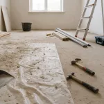 “Dammig interiör under renovering med plastrester, byggmaterial och verktyg på golvet – symboliserar pågående byggarbete och behov av grundlig byggstädning”