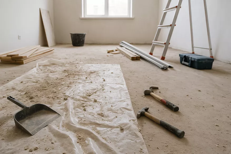 “Dammig interiör under renovering med plastrester, byggmaterial och verktyg på golvet – symboliserar pågående byggarbete och behov av grundlig byggstädning”