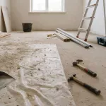 “Dammig interiör under renovering med plastrester, byggmaterial och verktyg på golvet – symboliserar pågående byggarbete och behov av grundlig byggstädning”